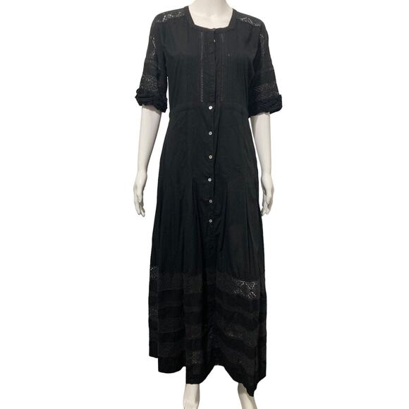 LOVESHACKFANCY Black Cotton Edie Lace Short Sleeve Midi Shirt Dress Size L - Picture 5 of 7